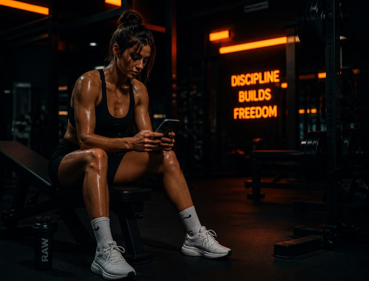 Atleta conferindo o treino no celular na academia